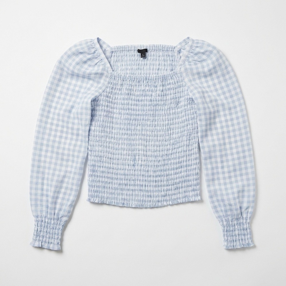 Ann Taylor Petite XXSP Gingham Smocked Bodice Top - Blue Grey & White